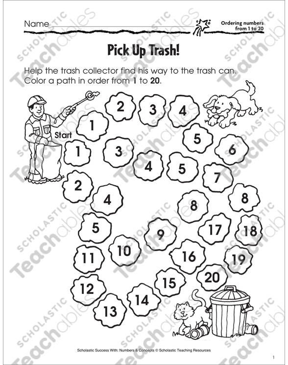 pick up trash ordering numbers 1 20 printable skills sheets