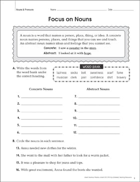 focus on nouns grammar practice page printable skills sheets