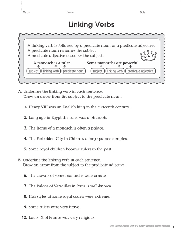 Linking Verbs Grammar Practice Page Printable Skills Sheets