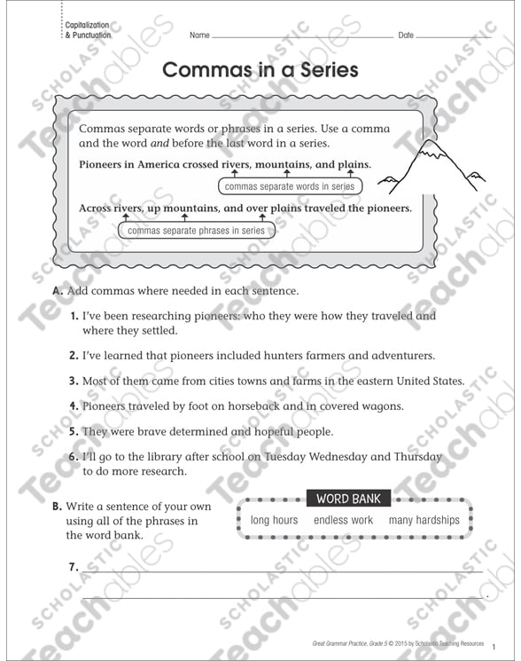 Commas in a Series: Grammar Practice Page (Gr 4â€“5 ...