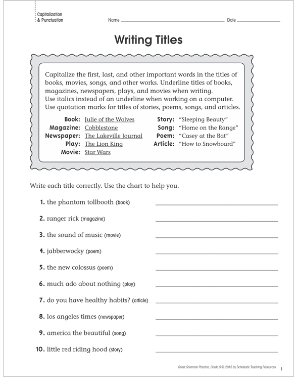 Writing Titles (Capitalization): Grammar Practice Printable Skills Sheets