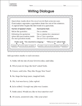 writing dialogue grammar practice page grades 3 5 printable skills sheets