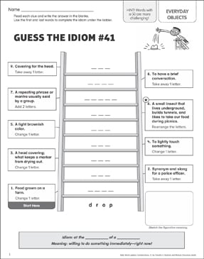 At The Drop Of A Hat Idiom Word Ladder Printable Games And Puzzles Skills Sheets