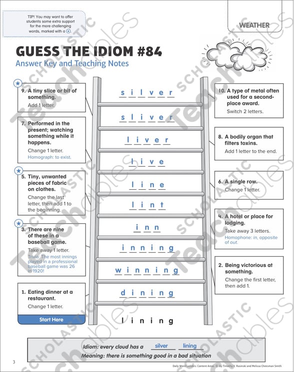 Every Cloud Has a Silver Lining: Idiom Word Ladder | Printable