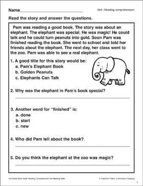 Pam's Elephant Book: Passage and Questions | Printable Skills ...
