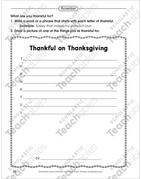 Thankful On Thanksgiving Poetry Frame Printable Skills Sheets Craftivities