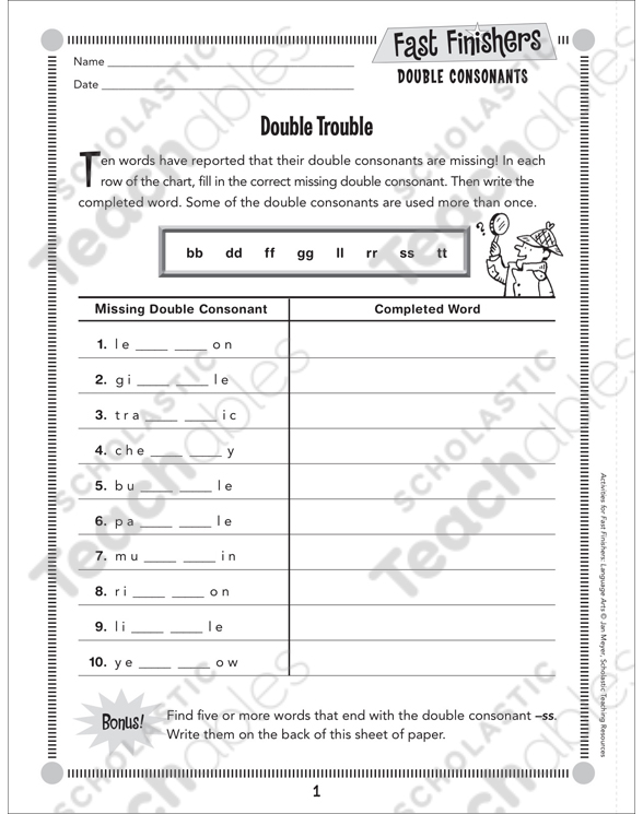 Double Trouble (Double Consonants): Grades 2–3 | Printable ...