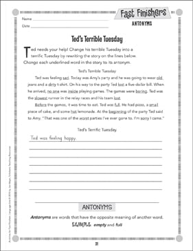 Ted's Terrible Tuesday (Antonyms) | Printable Skills Sheets