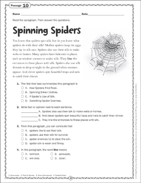 Spinning Spiders Close Reading Passage Printable Skills