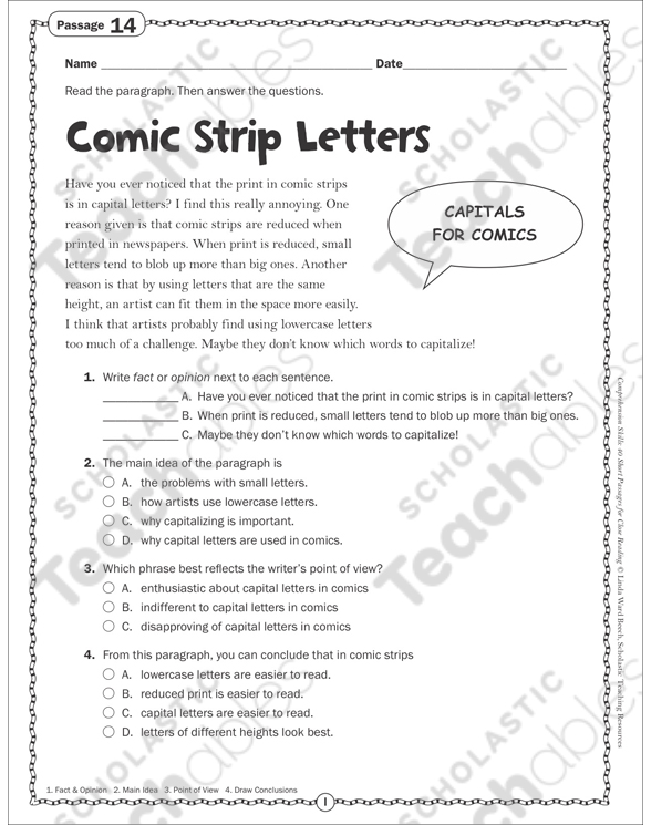 comic strip letters close reading passage printable skills sheets texts