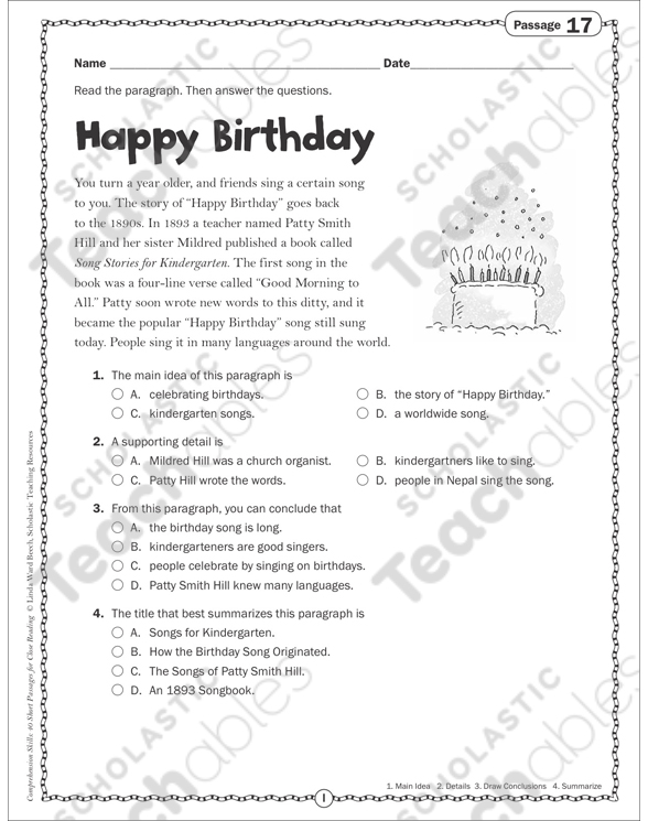 Happy Birthday Close Reading Passage Printable Skills Sheets Texts