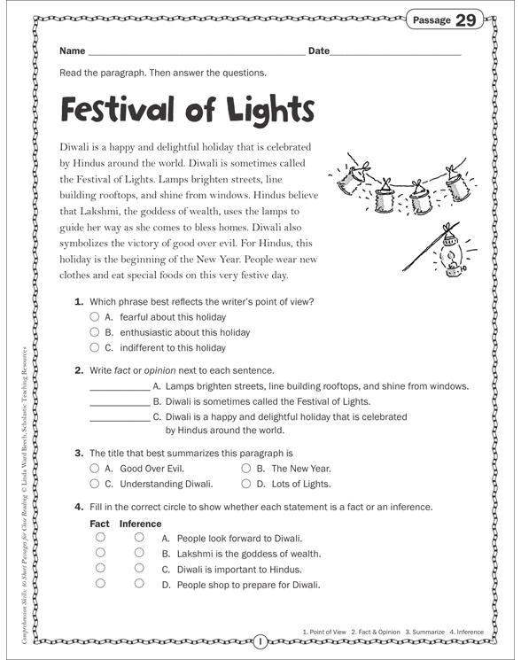 Festival of Lights Close Reading Passage Printable Skills Sheets and