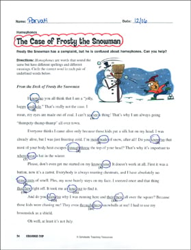 the case of frosty the snowman homophones printable texts skills sheets