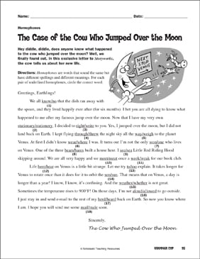 the cow who jumped over the moon homophones printable texts skills sheets