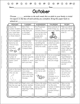 October: Send-Home Activity Calendar | Printable Calendars, Skills Sheets