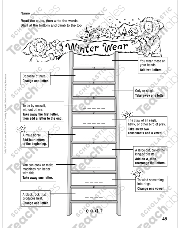 Winter Wear Word Ladder Grades 4 6 Printable Skills Sheets
