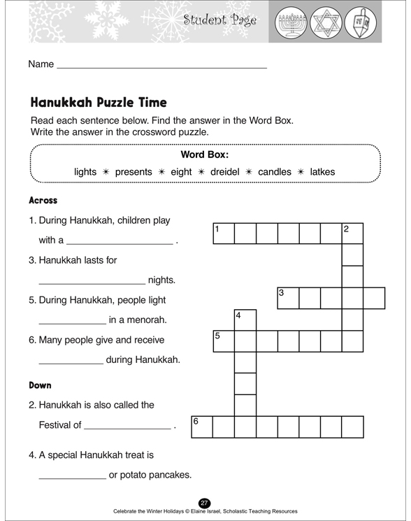 Hanukkah Crossword Puzzle Printable Games, Puzzles and Skills Sheets