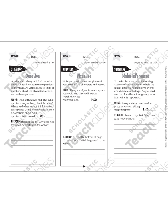 Julie Of The Wolves Reading Response Trifold Printable
