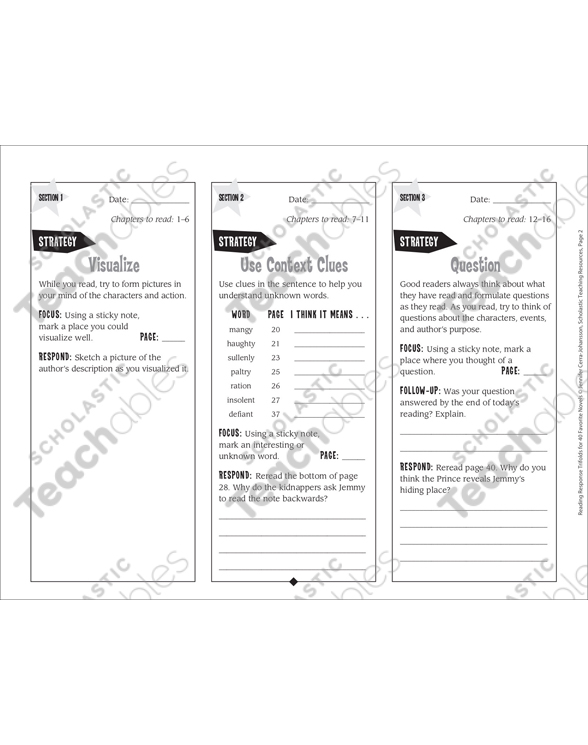 The Whipping Boy Reading Response Trifold Printable Bookmarks