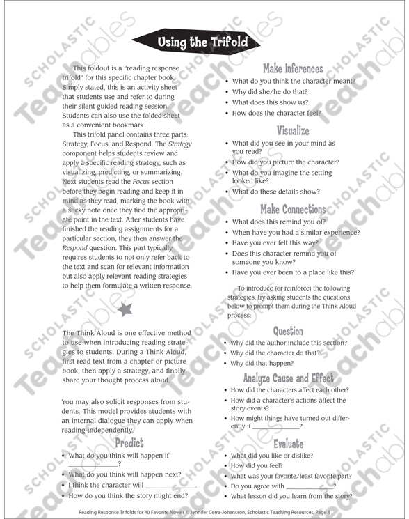 The Whipping Boy Reading Response Trifold Printable Bookmarks