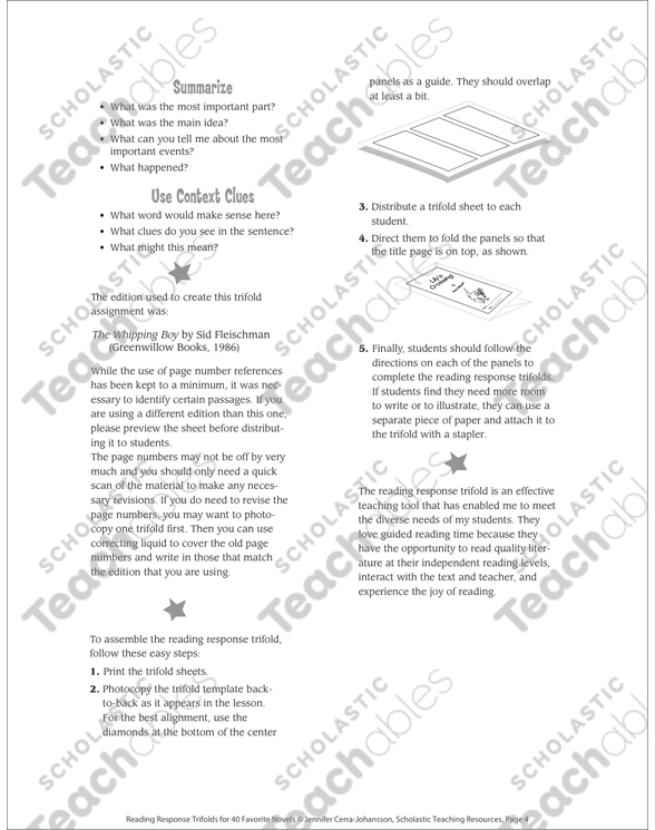 The Whipping Boy Reading Response Trifold Printable Bookmarks