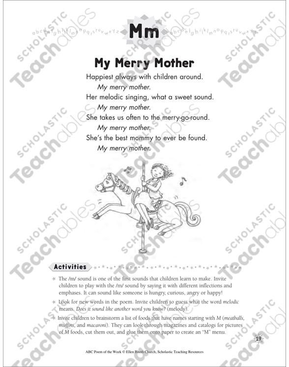 My Merry Mother Letter M Poem Printable Lesson Plans And Ideas Skills Sheets