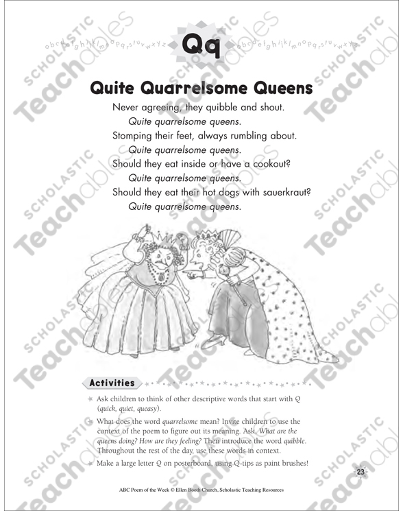 Quite Quarrelsome Queens Letter Q Poem Printable Lesson Plans