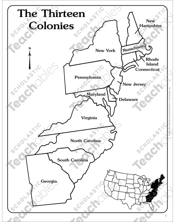 13 colonies map labeled