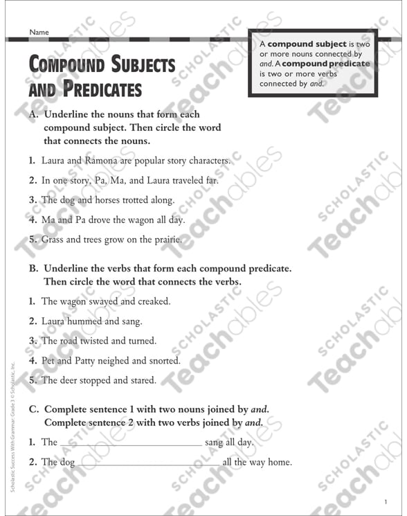 Compound Subjects & Predicates Grammar Practice (Grade 3) Printable