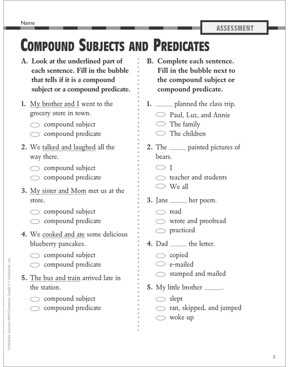 Compound Subjects Predicates Grammar Practice Grade 3 Printable Skills Sheets