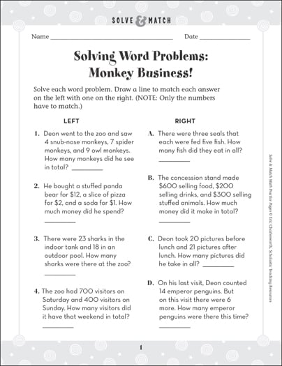 Monkey Business! Word Problems: Solve & Match Math ...