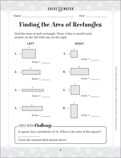 Finding The Area Of Rectangles Solve Match Math Printable Skills Sheets