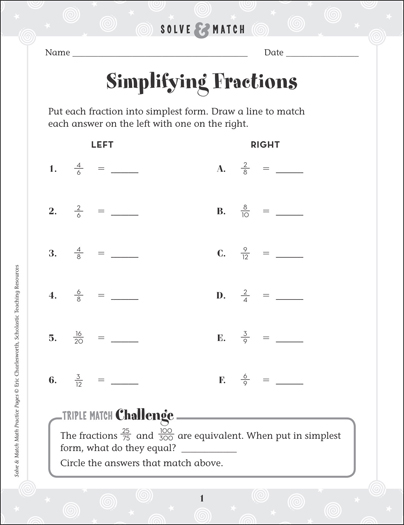 Simplifying Fractions: Solve & Match Math | Printable Skills ...