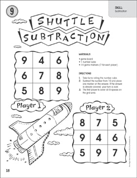 shuttle subtraction one page math game printable game boards skills sheets