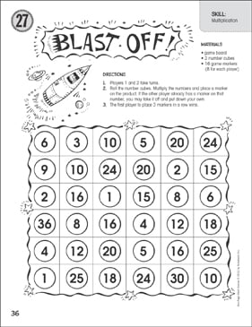 blast off multiplication one page math game printable game boards skills sheets