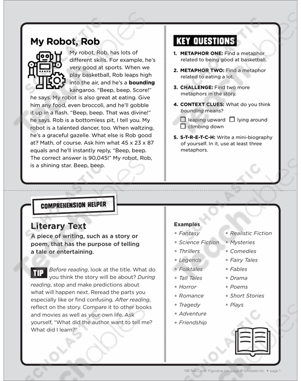 My Robot, Rob: Figurative Language Task Card | Printable ...