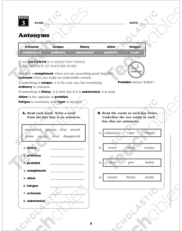 Antonyms: Grade 5 Vocabulary | Printable Skills Sheets