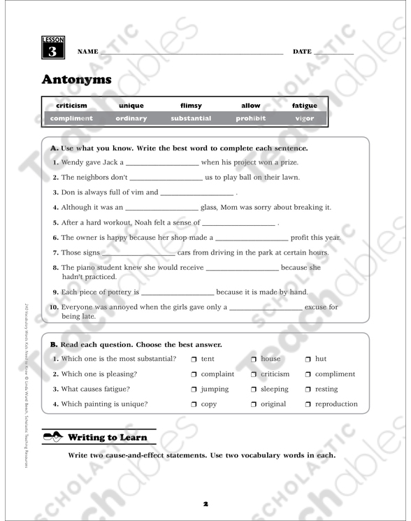 Antonyms: Grade 5 Vocabulary | Printable Skills Sheets