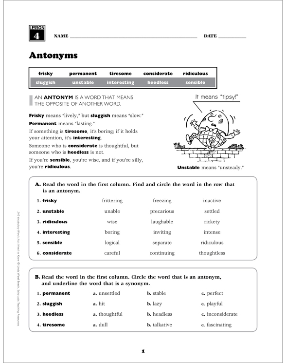 Antonyms: 5th Grade Vocabulary | Printable Skills Sheets