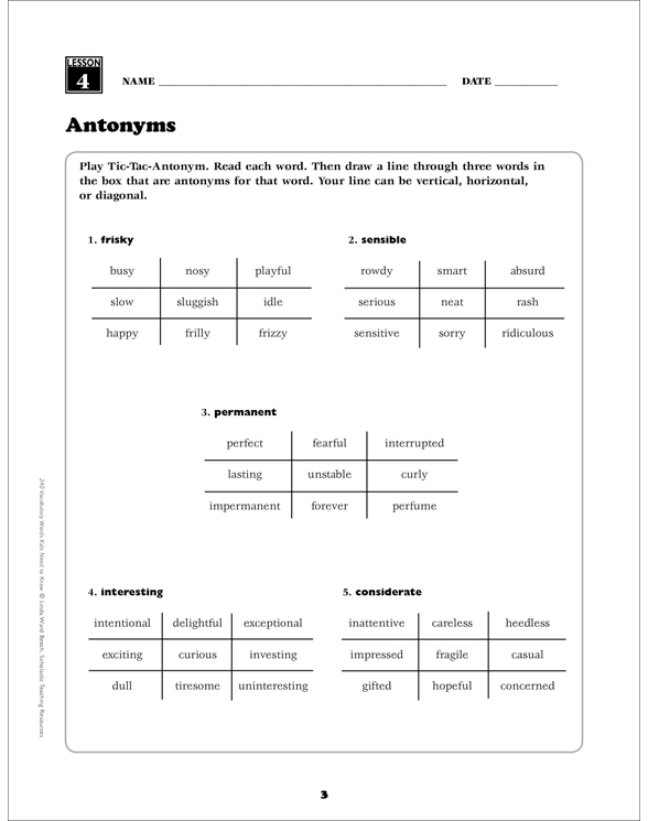 Antonyms: 5th Grade Vocabulary | Printable Skills Sheets