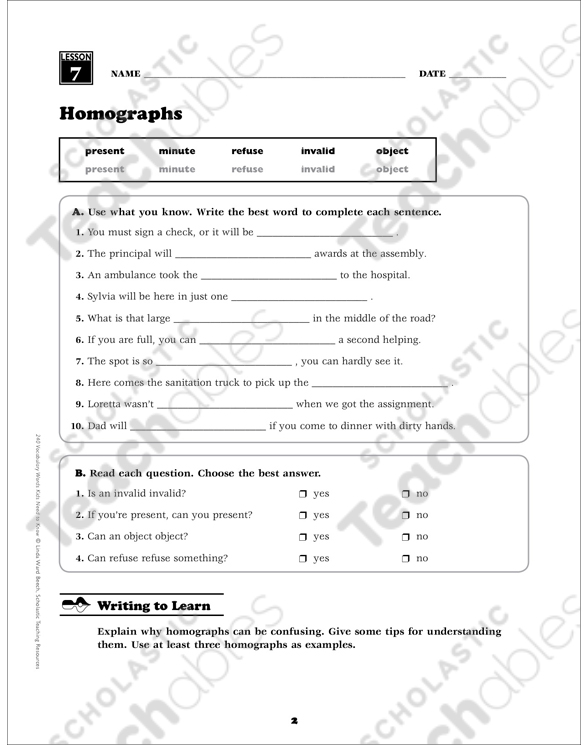 homographs grade 5 vocabulary printable skills sheets