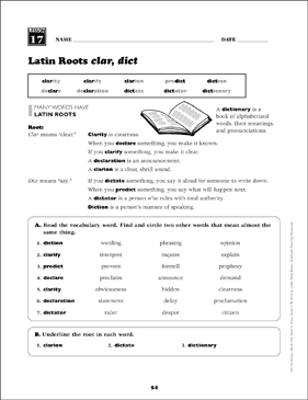 latin roots clar dict grade 5 vocabulary printable skills sheets