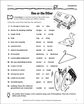 one or the other homophones printable skills sheets
