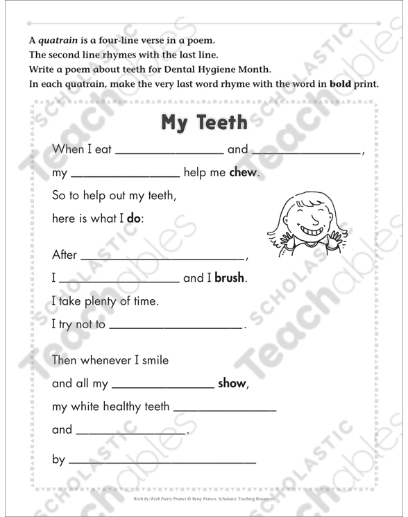 My Teeth Poetry Frame Printable Skills Sheets