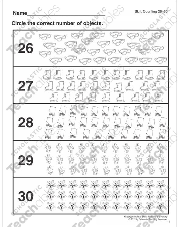 Counting 26-30: Kindergarten Basic Skills (Numbers & Counting) | Printable Skills Sheets
