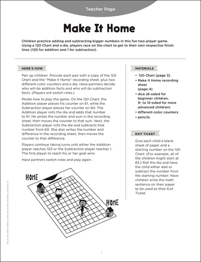 Make It Home Add Subtract Play Learn Math Printable Games And Puzzles Skills Sheets