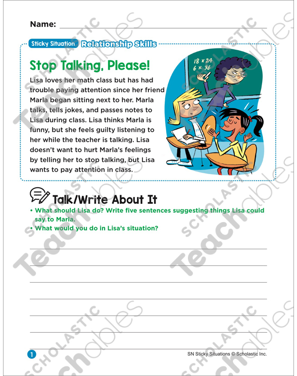Stop Talking, Please! Sticky Situation  Printable Lesson Plans and Ideas,  Skills Sheets