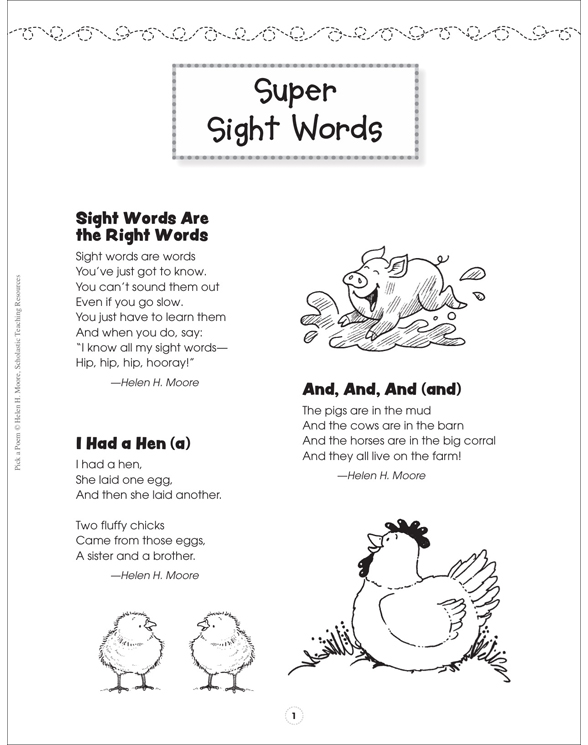 Super Sight Words Pick a Poem Printable Texts and Skills Sheets