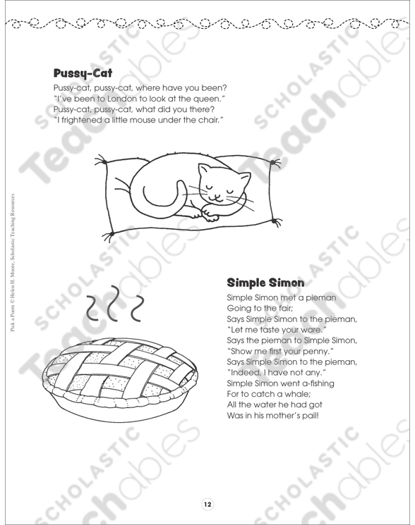 Mother Goose Classic Rhymes Pick A Poem Printable Texts Skills Sheets