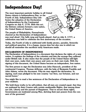 Independence Day | Printable Texts, Skills Sheets